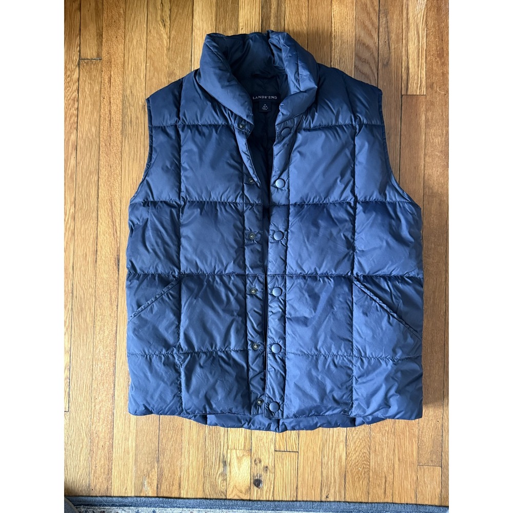 Lands' End Womens Navy Blue Quilted Puffer Vest Snap Front Size M 10-12